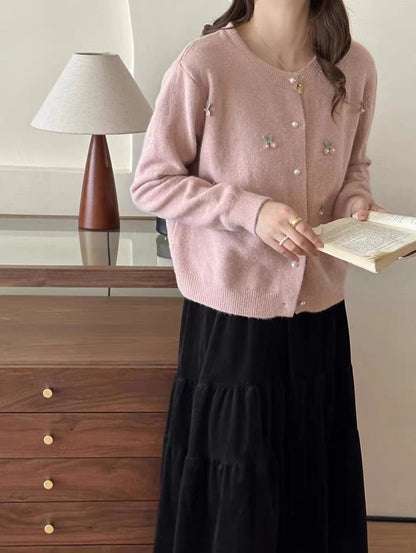 Women's Elegant Cardigan with Floral Appliqués NOVAE