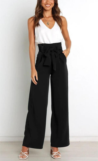 Women's wide-leg trousers with decorative tie belt NOVAE