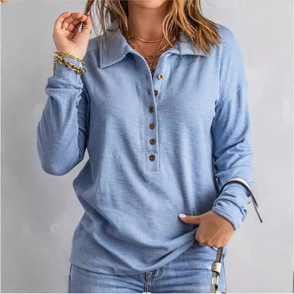 Women's long-sleeved blouse with buttoned collar and textured fabric NOVAE