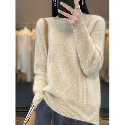 Women's chunky knit sweater with innovative cable pattern and high stand-up collar NOVAE