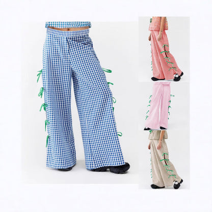 Women's wide-leg checked trousers with decorative lacing details NOVAE