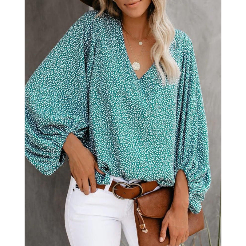 Women's blouse with wide puff sleeves and elegant V-neck NOVAE