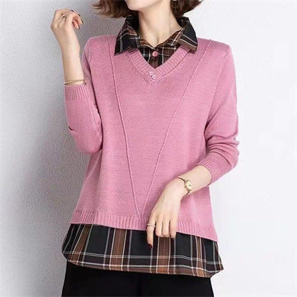 Women's layered knit sweater with V-neck and trendy shirt blouse NOVAE