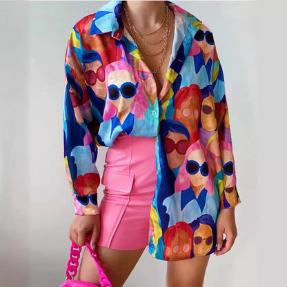 Women's Transparent Blouse with Colorful Graphic Design and Oversized Cut NOVAE