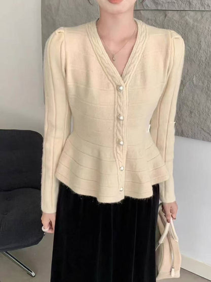 Women's elegant cardigan with structured design and feminine puff sleeves NOVAE