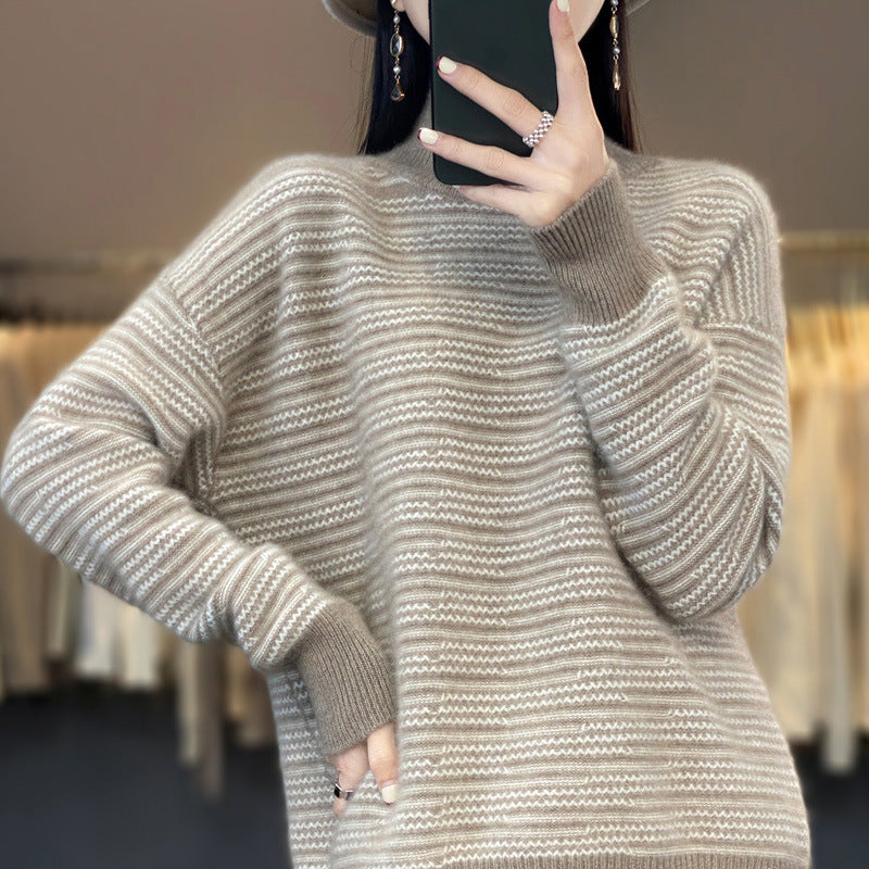 Women's knitted sweater with a modern striped pattern and comfortable thumb holes NOVAE