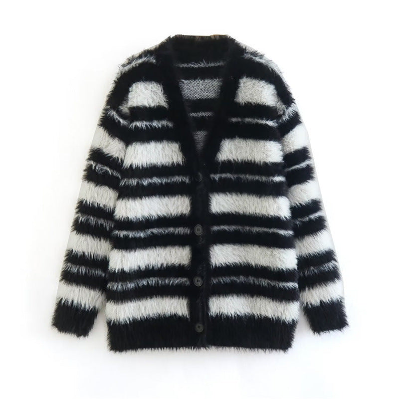 Women's cozy knit cardigan with a modern striped pattern and soft material NOVAE