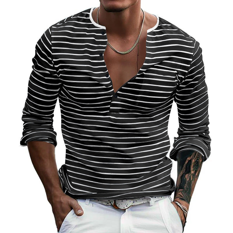 Men's striped long-sleeved shirt with button placket and V-neck NOVAE