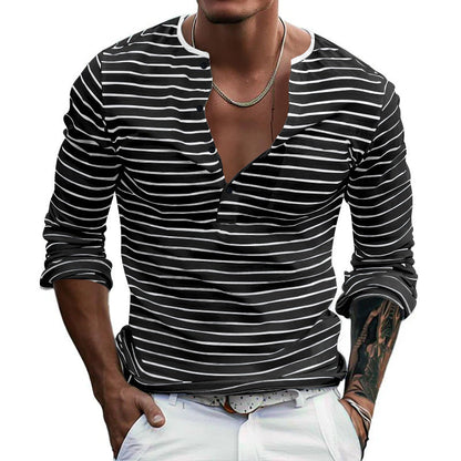 Men's striped long-sleeved shirt with button placket and V-neck NOVAE