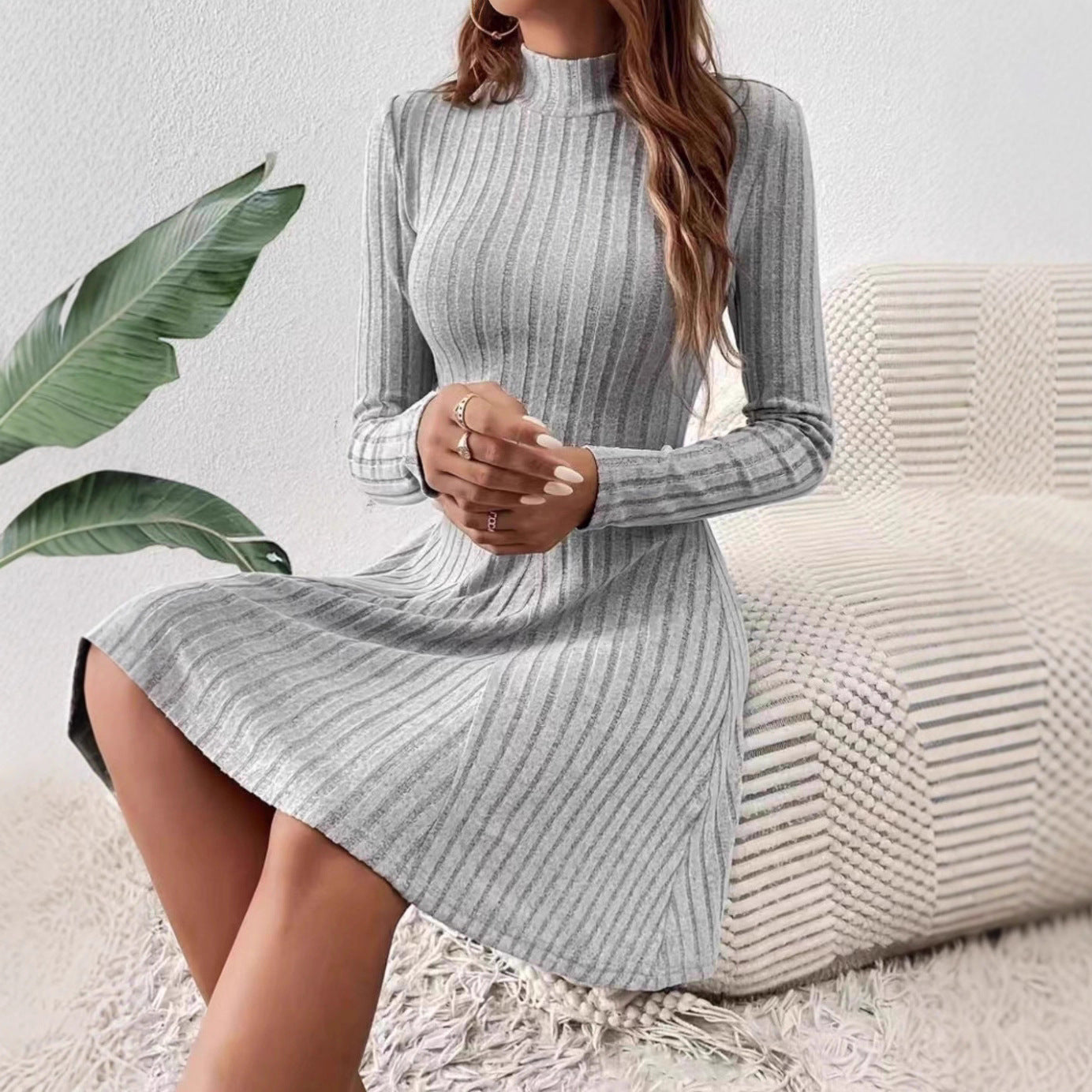Women's knit dress with elegant stand-up collar and fine rib structure NOVAE