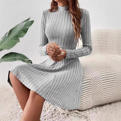 Women's knit dress with elegant stand-up collar and fine rib structure NOVAE