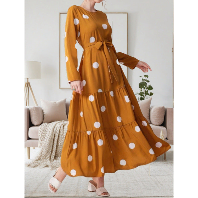 Women's maxi dress with colorful polka dot pattern and waist belt NOVAE