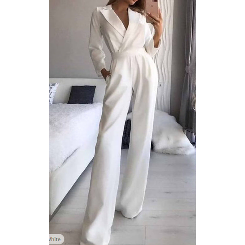 Women's elegant jumpsuit with long legs and classic mock collar NOVAE