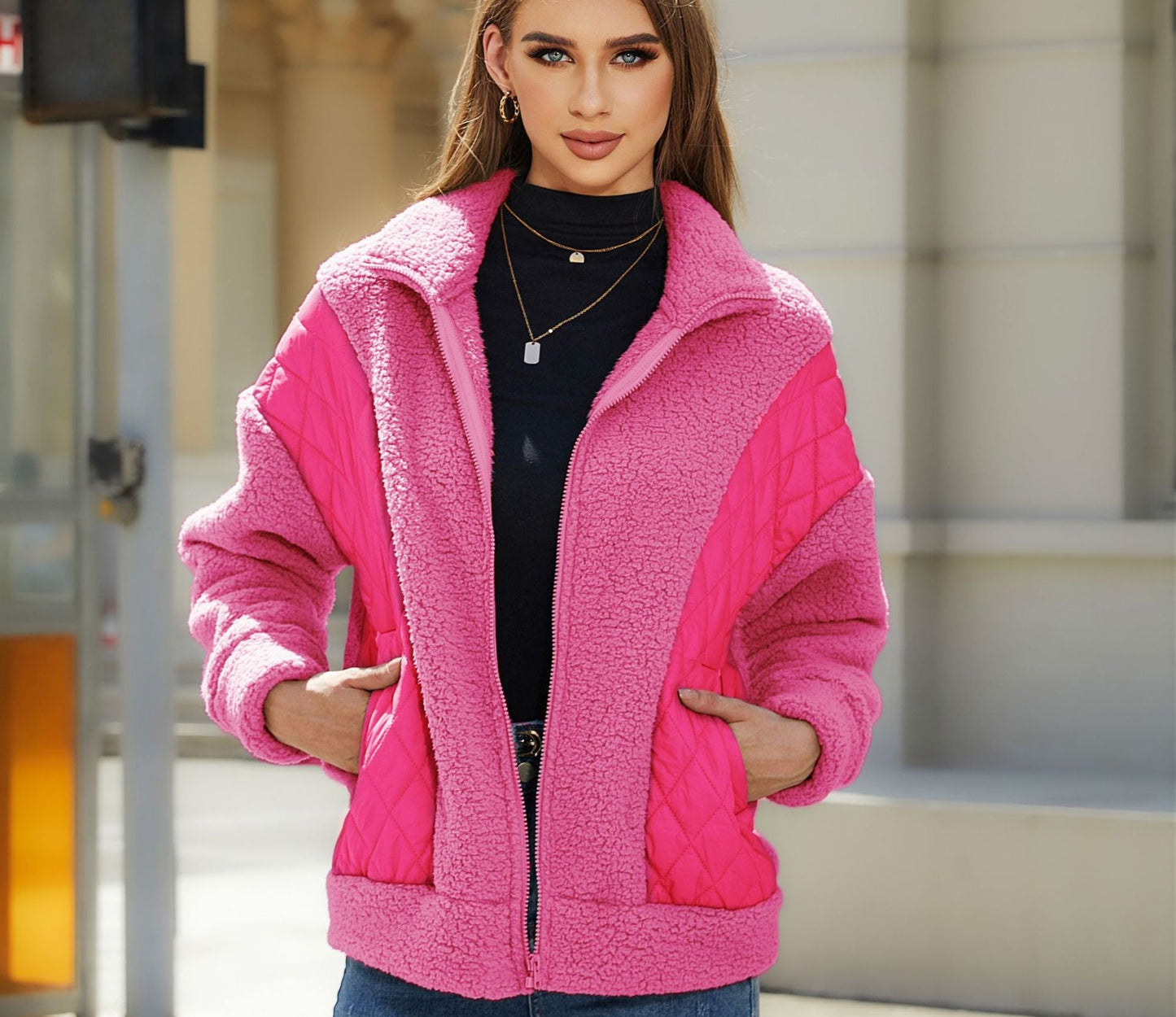 Women's Cozy Fleece Jacket with Quilted Details and Practical Pockets NOVAE