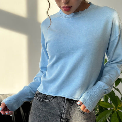 Women's casual sweater with a modern ribbed collar and trendy rip details NOVAE