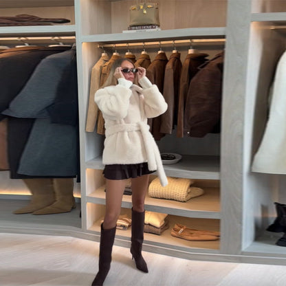 Women's Fluffy Short Sleeve Pullover Jacket with Wide Belt NOVAE