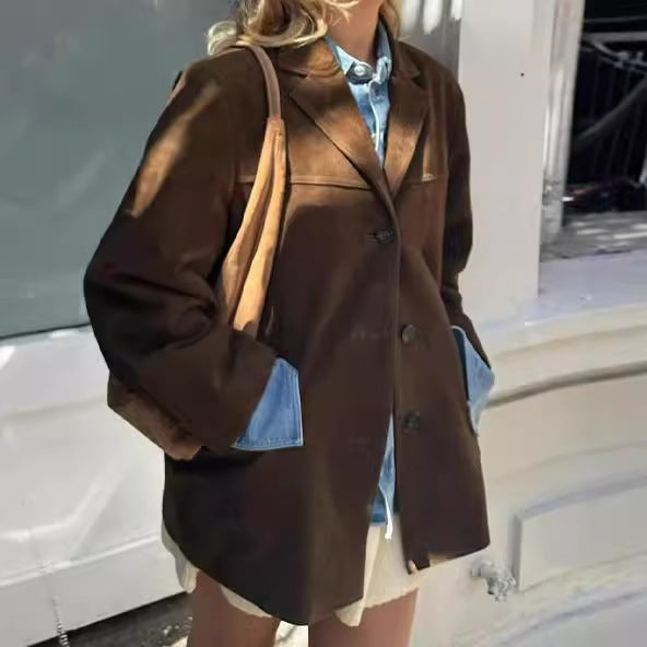 Women's vintage-style suede blazer with pockets NOVAE