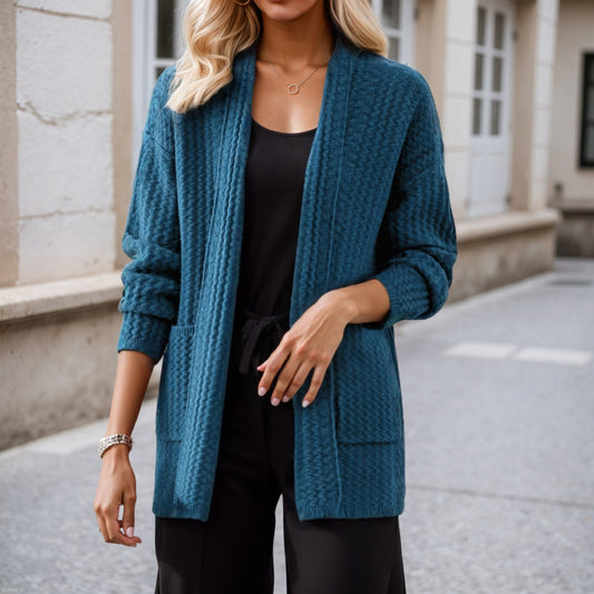 Women's cardigan with modern cable patterns and practical pockets NOVAE