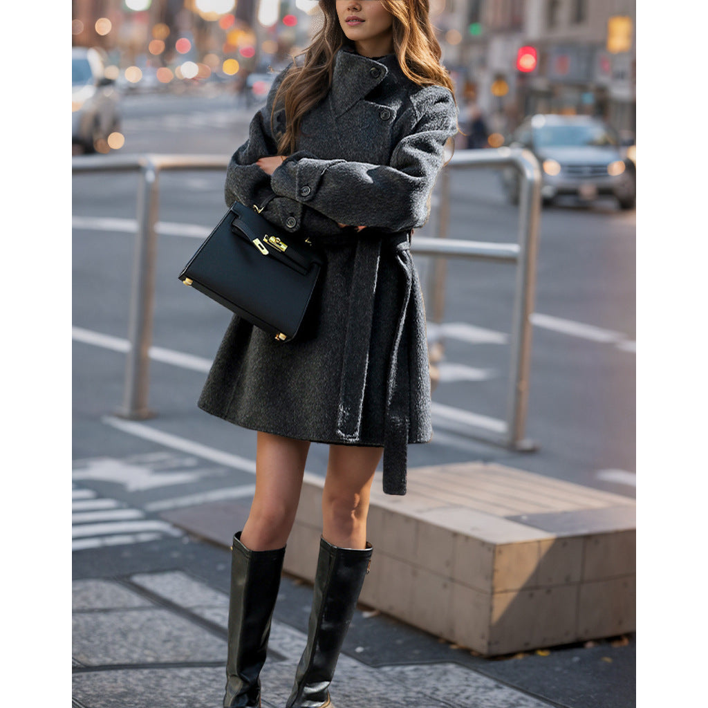 Women's fashionable transitional jacket with belt and high-closing collar NOVAE