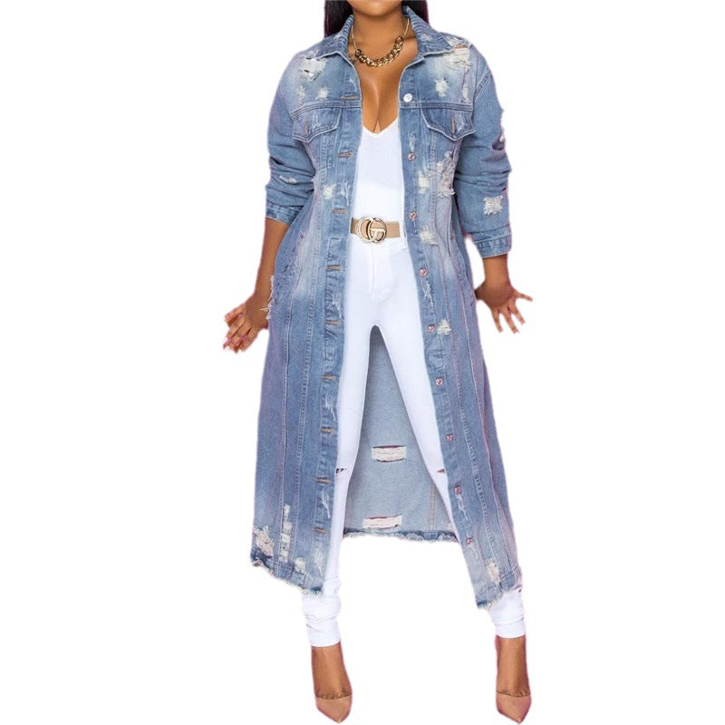 Women's denim shirt jacket in a casual long style with distressed details NOVAE