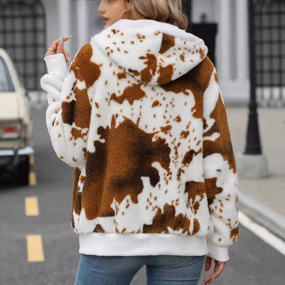 Women's plush jacket with animal print and practical pockets NOVAE