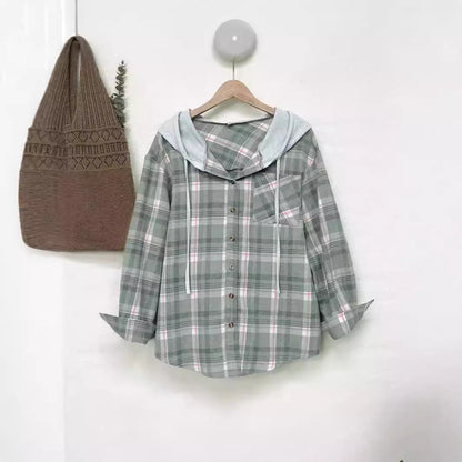 Women's nostalgic checked blouse with hood and button closure NOVAE