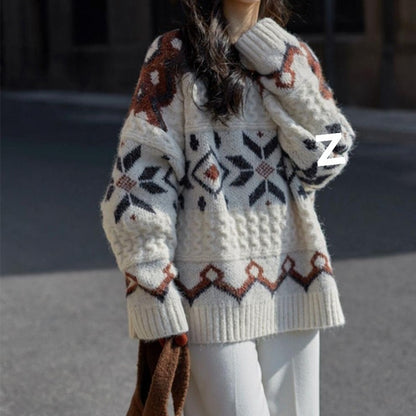 Women's chunky knit sweater with geometric pattern and round neckline NOVAE