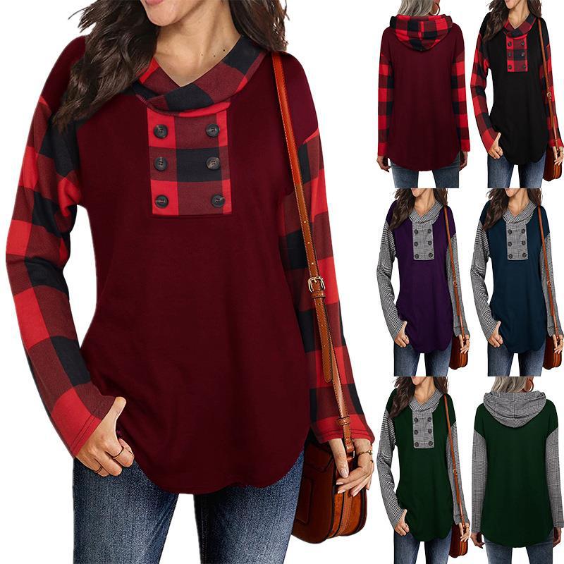 Women's fashionable sweatshirt with check pattern and button placket NOVAE