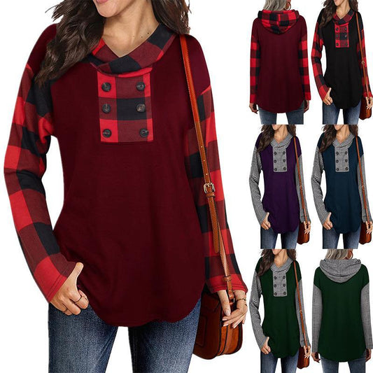 Women's fashionable sweatshirt with check pattern and button placket NOVAE