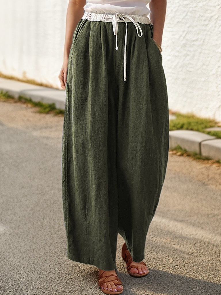Women's wide-leg linen trousers with elasticated waistband and stylish drawstring NOVAE