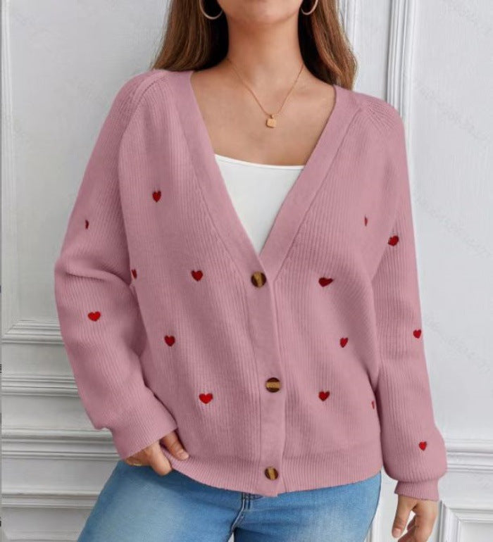 Women's casual cardigan with heart appliqués and deep V-neck NOVAE