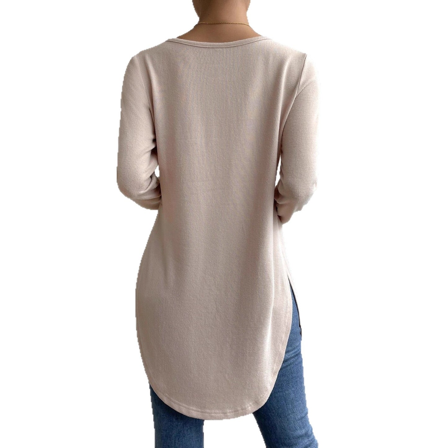 Women's casual long-sleeved T-shirt with asymmetrical hem and comfortable round neckline NOVAE
