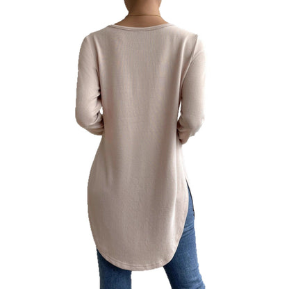 Women's casual long-sleeved T-shirt with asymmetrical hem and comfortable round neckline NOVAE