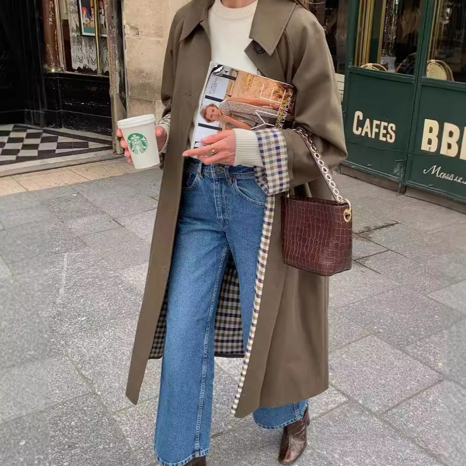 Women's fashionable trench coat with check details and practical pockets NOVAE