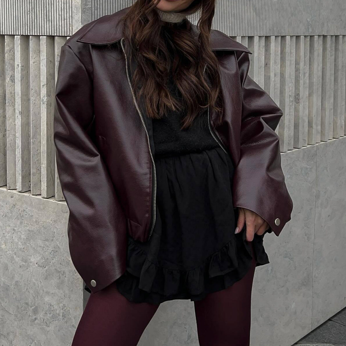 Women's casual leather jacket in a sporty style with elasticated waistband NOVAE