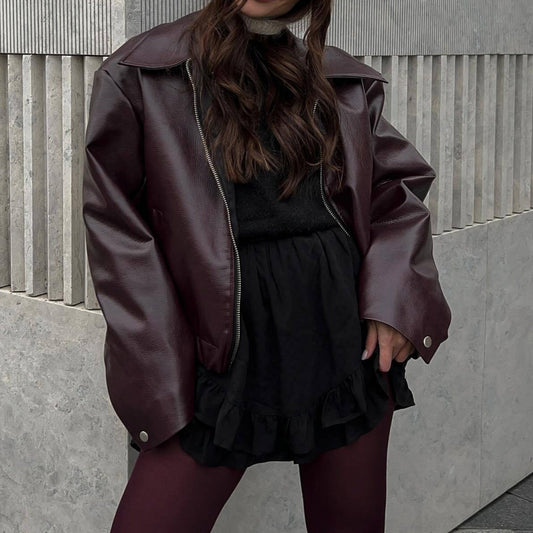 Women's casual leather jacket in a sporty style with elasticated waistband NOVAE