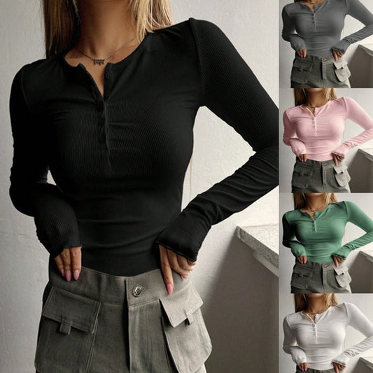 Women's long-sleeved shirt with button placket and fine rib texture NOVAE