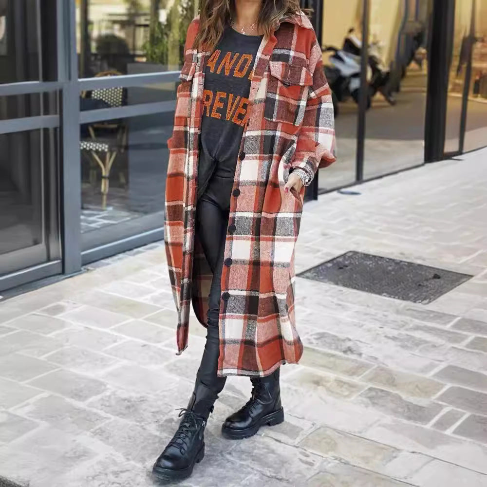 Women's Checkered Long Coat with Practical Pockets NOVAE