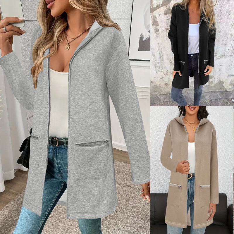 Women's casual long jacket with practical zipper and side pockets NOVAE