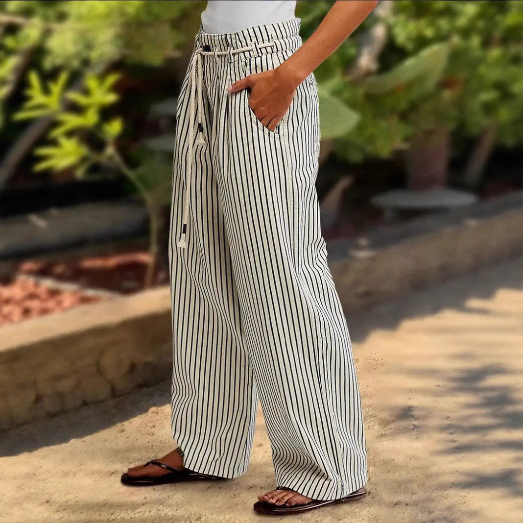 Women's wide-leg linen trousers with striped pattern and adjustable waistband NOVAE
