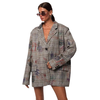 Women's fashionable checked blazer jacket with adjustable belt and creative accents NOVAE