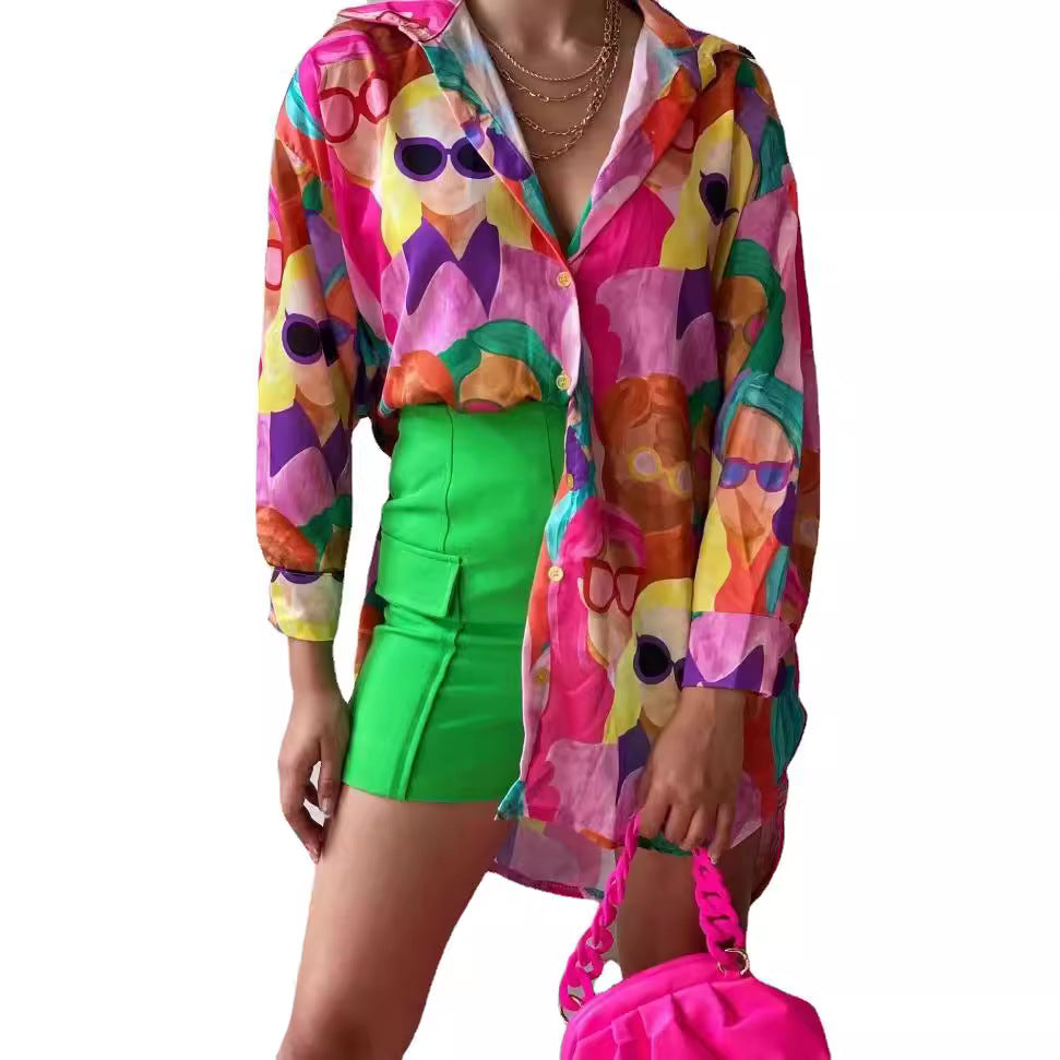 Women's Transparent Blouse with Colorful Graphic Design and Oversized Cut NOVAE