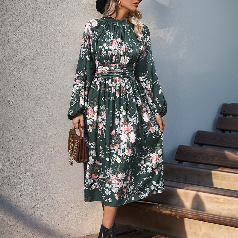 Women's maxi dress with elegant floral design and ruffle details NOVAE