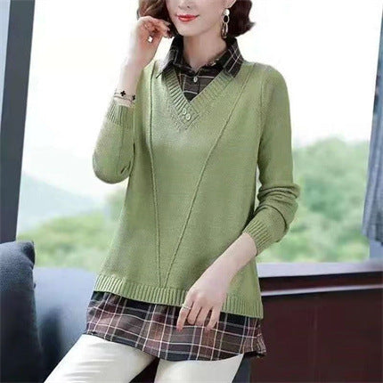 Women's layered knit sweater with V-neck and trendy shirt blouse NOVAE