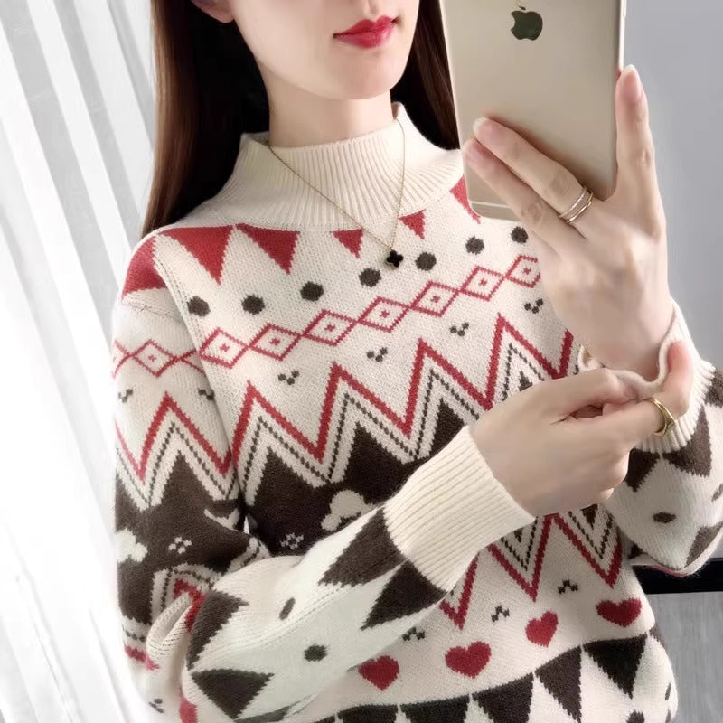 Women's festive knit sweater in a modern Christmas design with a geometric pattern and comfortable round neckline NOVAE