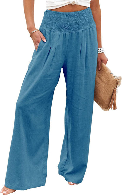 Women's airy linen trousers with elasticated waistband and wide cut NOVAE