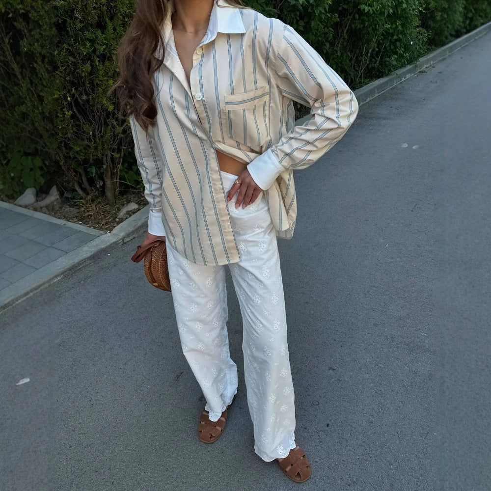 Women's elegant shirt blouse with fine stripes and classic button details NOVAE