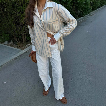 Women's elegant shirt blouse with fine stripes and classic button details NOVAE