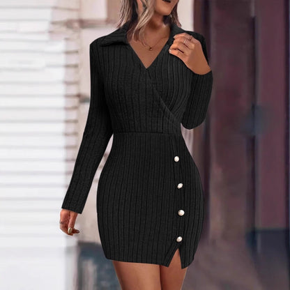 Women's knitted dress with V-neck and button details NOVAE