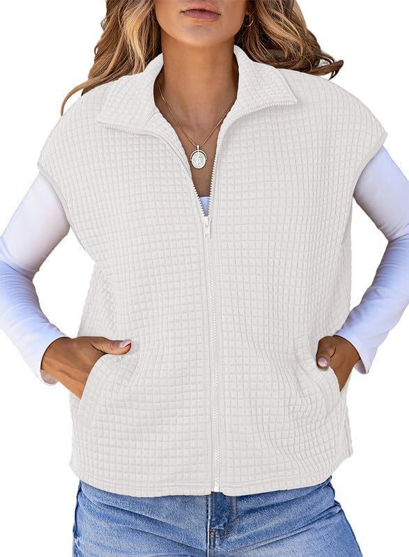 Women's Lightweight Waffle Knit Vest with Pockets and Stand-Up Collar NOVAE